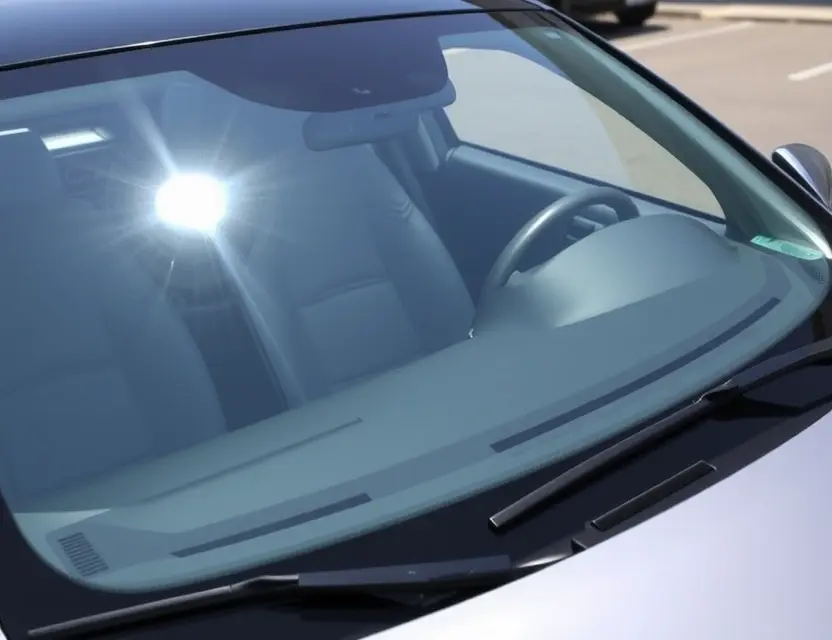 A Zenos car with a replaced windshield, showcasing the new glass. The car is parked outdoors on a sunny day. Focus on the clarity and quality of the replacement windshield.