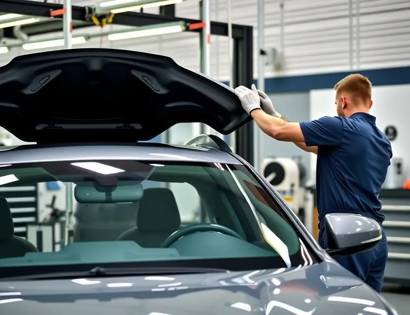 A professional automotive service center showing a technician carefully replacing the windshield of an Alpina XD3 vehicle, with clean tools, safety equipment, and a modern workshop background, no people other than the technician, no text or logos