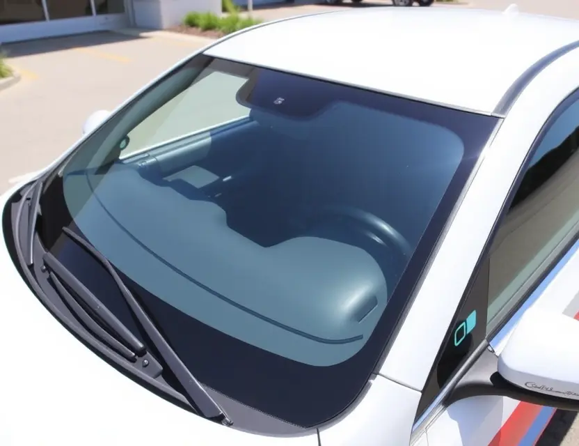 A Changan UNI V with a replaced windshield, showcasing the new glass. The car is parked outdoors on a sunny day. Focus on the clarity and quality of the replacement windshield.