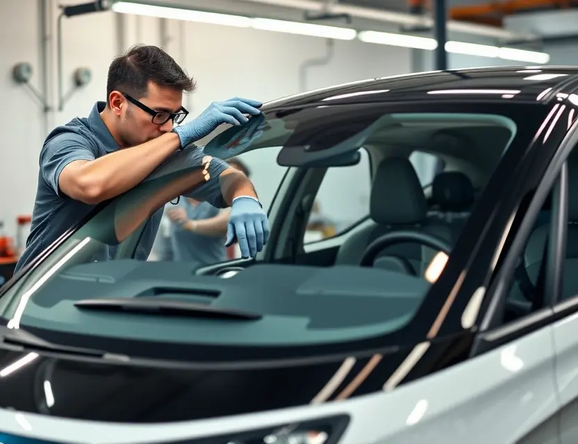 A detailed image of a professional technician replacing the windshield of a Leapmotor C11 electric vehicle. The scene should include the car parked in a well-lit garage or service center, with the technician carefully removing the old windshield and preparing to install the new one. The technician should be wearing appropriate safety gear, such as gloves and goggles. The car's interior and exterior should be visible, showcasing the modern design of the Leapmotor C11. The image should convey a se