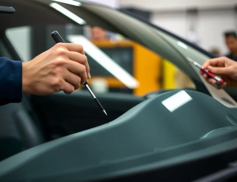 A close-up shot of a Bollinger B1 windshield being replaced in a car. Focus on the replacement process, showing tools and hands working on the glass. The background should be blurred, indicating a workshop environment.
