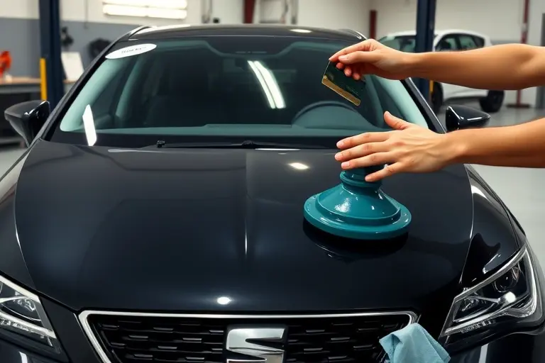 A close-up of a SEAT Leon 2.0 TSI 190 hp (2020) with a new windshield being installed in a workshop. The car's front is visible, the old glass is removed, a mechanic's hands are holding the new glass, tools such as a suction cup and a cleaning cloth are present. The background is a clean garage with a workbench and a car lift.