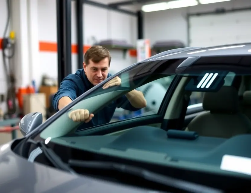 A car windshield replacement service being performed. Focus on a mechanic working on a car windshield, tools visible, and a clean, well-lit garage environment.