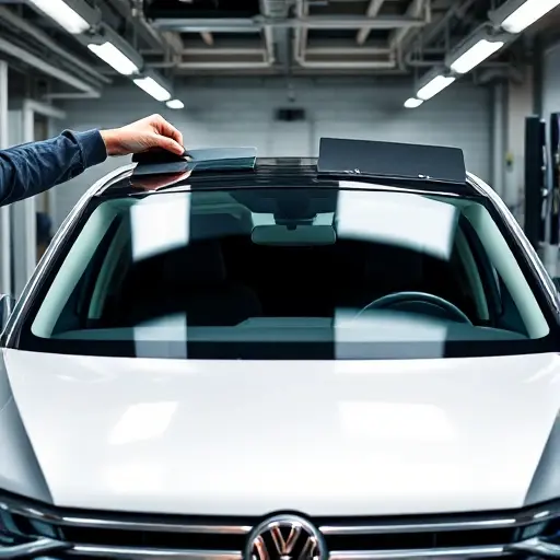 A close-up view of a Volkswagen Passat B9 eHybrid PHEV 1.5 TSI in a modern auto workshop, showing a technician carefully removing the old windshield and positioning a new glass pane. The scene includes the car's front interior, windshield wipers, and professional tools like suction cups and a protective blanket, with a clean, well-lit environment. Emphasize realistic details of the car's design and the replacement process, without any text or branding visible.