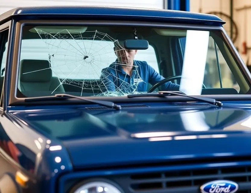 A Ford Bronco with a cracked windshield undergoing a windshield replacement. The replacement windshield is being installed by a mechanic. The background shows a garage or workshop setting.