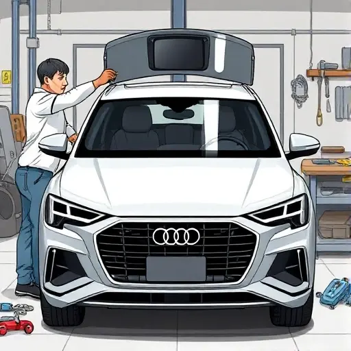 A realistic illustration of a mechanic replacing the front windshield of an Audi SQ2 2.0 TFSI 300 hp (2018-2024). The scene shows the car's front, the old windshield being removed, the new windshield being installed, tools and a workbench. Focus on the car and the replacement process.