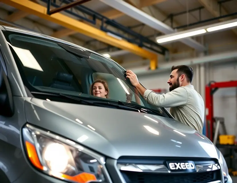 A car mechanic replacing the windshield of an Exeed vehicle in a well-lit garage, showing professional tools and safety equipment, no text or labels