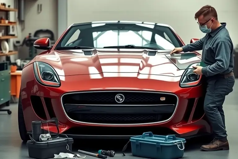 A detailed, realistic depiction of a mechanic in a garage replacing the windshield of a 2013 Jaguar F-Type 2.0 Turbo 300hp. The image should show the car's front profile with the old glass partially removed, a new clear glass panel being fitted, and the mechanic wearing protective gloves and a face mask, holding a specialized glass holder. Include garage tools such as a suction cup, a glass cutter, and a small toolbox in the foreground. The setting should be a well-lit, organized workshop with a subtle background of a workbench and a few automotive parts. The focus is on the precision of the replacement process, highlighting the sleek lines of the Jaguar and the careful handling of the glass.
