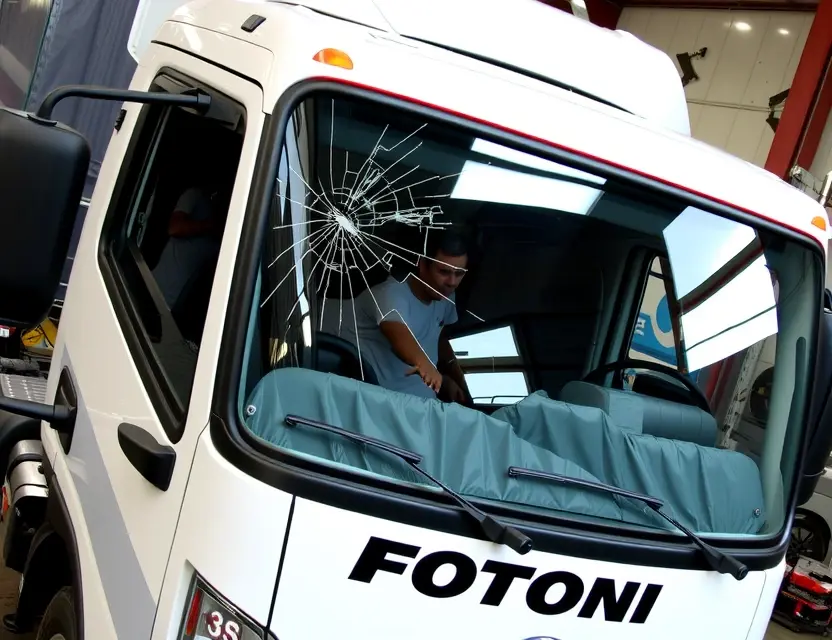 A Foton truck with a cracked windshield undergoing windshield replacement. The truck is parked on a service bay with tools and equipment visible. Focus on the replacement process, showing the technician working on the new windshield.