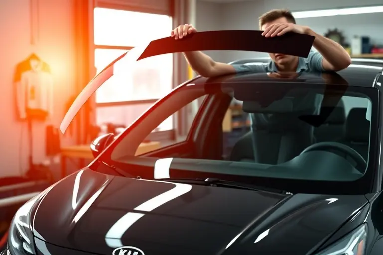 A mechanic in a garage replacing the windshield of a Kia EV6 GT electric 585 hp (2022). The image shows the mechanic's hands holding a new windshield, the car's front visible, tools and safety gear in the background, no text or logos.