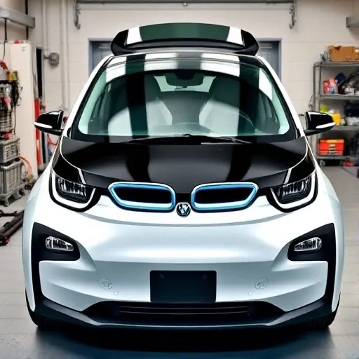 A BMW i3 electric car (model years 2013-2022) in a clean workshop setting, with the front windshield being carefully removed and a new one positioned for installation. The scene shows the car's sleek compact shape, the open windshield frame, professional automotive tools such as suction cups and a windshield removal tool, and a well‑lit, organized garage background. No text, letters, or digits are visible.