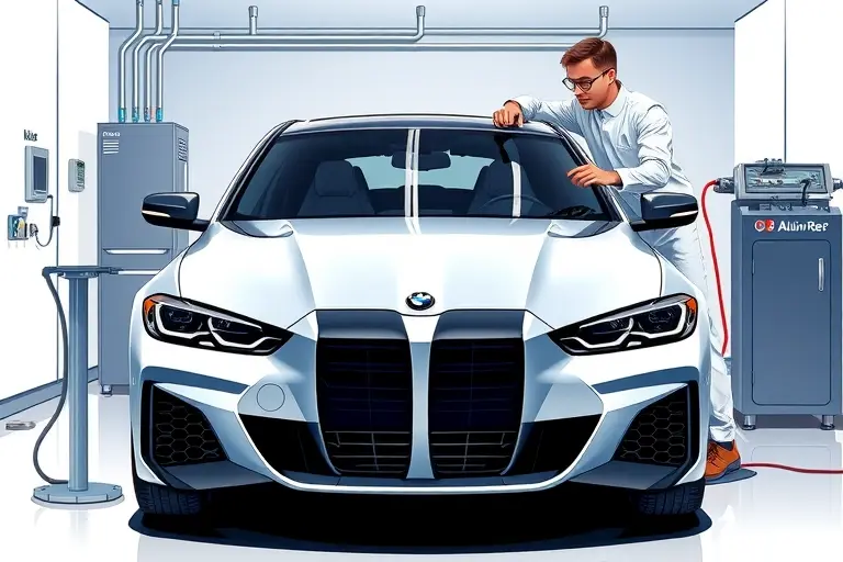 A high-detail illustration of a 2023 Alpina B3 3.0 R6 Biturbo with its windshield being professionally replaced in a modern garage. The car is positioned front-center, the damaged windshield is removed and a new glass panel is being installed by a mechanic wearing a clean white jumpsuit and safety glasses. Tools such as suction cups, a polishing machine, and a protective film are visible. The scene is bright with realistic lighting, emphasizing the sleek lines of the Alpina and the precision of the replacement process.