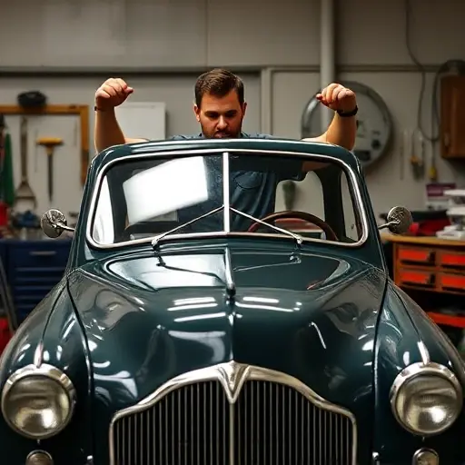 A mechanic in a garage replacing the windshield of a 1950s Austin Westminster 2.6L R6 100hp car. The scene shows the car's front, the old windshield being removed, the new windshield being fitted, with tools and a workbench in the background. The focus is on the mechanic's hands, the windshield, and the car's front.
