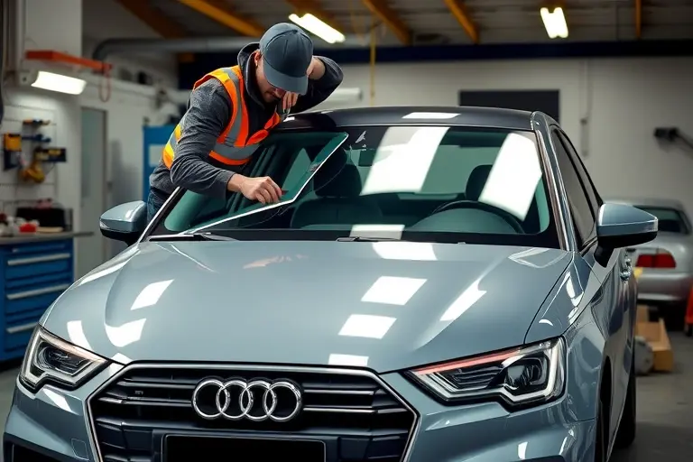 A detailed, realistic scene of an Audi A1 (2018 model) in a professional auto workshop, showing a technician in safety gear carefully removing the damaged windshield and installing a new one. The focus is on the car's front view with the windshield area highlighted, tools and a clean workbench visible, bright lighting emphasizing the glass replacement process.
