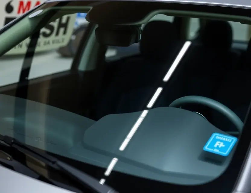 A close-up shot of a Li Auto Mega vehicle with a replaced windshield. The windshield is clear and new, seamlessly integrated with the existing frame. Focus on the quality of the replacement and the vehicle's sleek design.