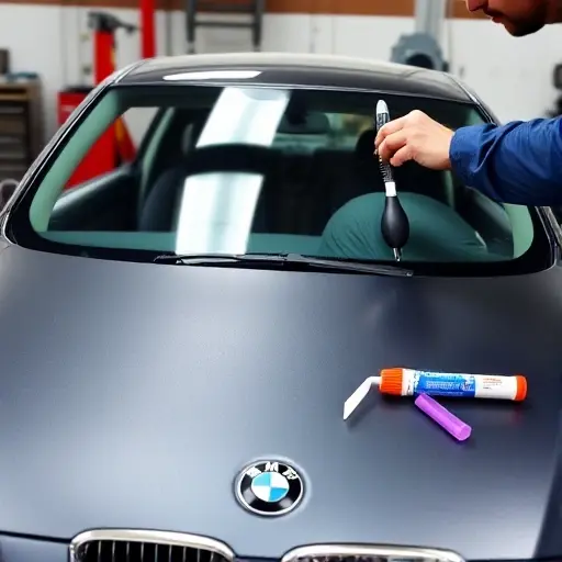 A close-up of a mechanic replacing the windshield of a BMW 3 Series E90 2.0L. The scene shows the car's front, the old cracked windshield removed, a new clear windshield being fitted, with automotive tools such as a suction cup, a cleaning brush, and a sealant dispenser. The background is a clean garage setting with a workbench and a car jack. The focus is on the precision of the replacement process, highlighting the clear glass and the careful alignment.