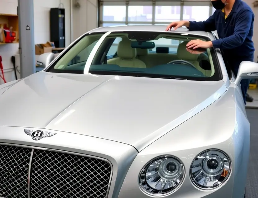 Замена лобового стекла Bentley Flying Spur A high-quality, realistic photo of a luxury Bentley Flying Spur in a professional auto glass workshop, showing a technician carefully removing or installing a pristine windshield. The car is silver or black, clean, and well-lit. The focus is on the front of the vehicle and the glass area, with no visible text, logos, or watermarks on the image.