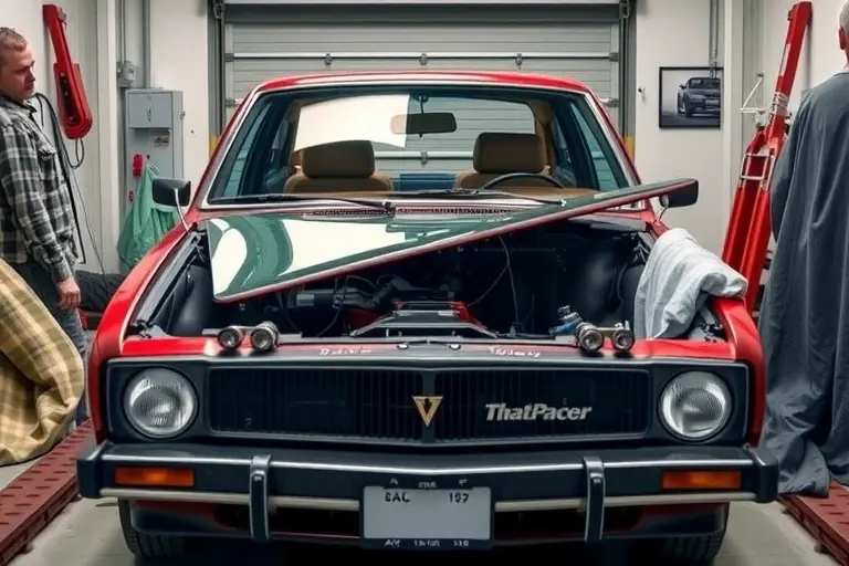 A detailed scene of an AMC Pacer (1975-1980 model) in a garage, with a mechanic carefully removing the old windshield and preparing to install a new one. The car is shown from the front, highlighting the open windshield area, surrounding tools like suction cups, a glass cutter, and a protective blanket. The setting is realistic, with a clean workshop background, emphasizing the automotive repair process without any text or logos.