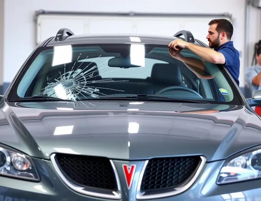 A high-quality image depicting a Pontiac vehicle with a cracked windshield, undergoing a windshield replacement service. A technician is shown carefully installing a new windshield. The background should be a clean, well-lit garage or workshop setting.