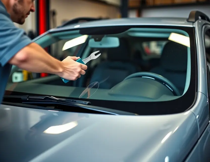 A close-up shot of a Qoros 5 car windshield being replaced by a mechanic. The focus is on the replacement process, showing tools and the new windshield. The car is parked in a garage or workshop setting.
