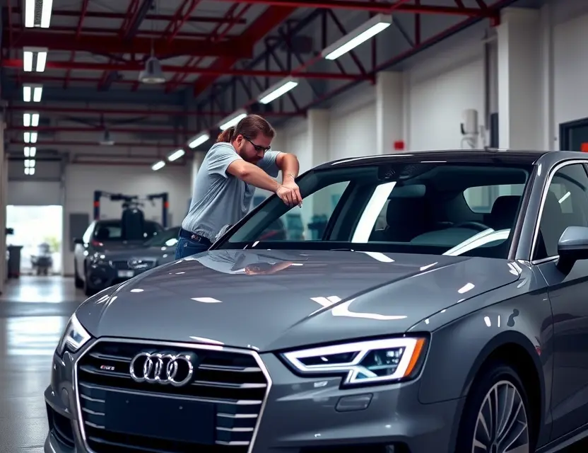 A high-quality image of a car windshield replacement service for an Audi A4, showing a technician carefully installing a new windshield on a parked Audi A4 in a clean, professional auto repair shop with modern tools and lighting, emphasizing safety and precision
