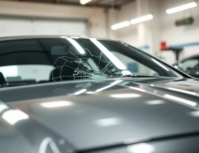A close-up shot of a Chrysler 300 with a cracked windshield, showing the area where the windshield needs replacement. The background should be a clean, bright garage or workshop environment. Focus on the damaged windshield and the surrounding vehicle details.