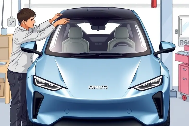 A detailed illustration of a mechanic replacing the windshield on an Onvo L60 electric car, showing the vehicle's front profile, the new windshield being installed, and tools in use, in a realistic, high-quality style.