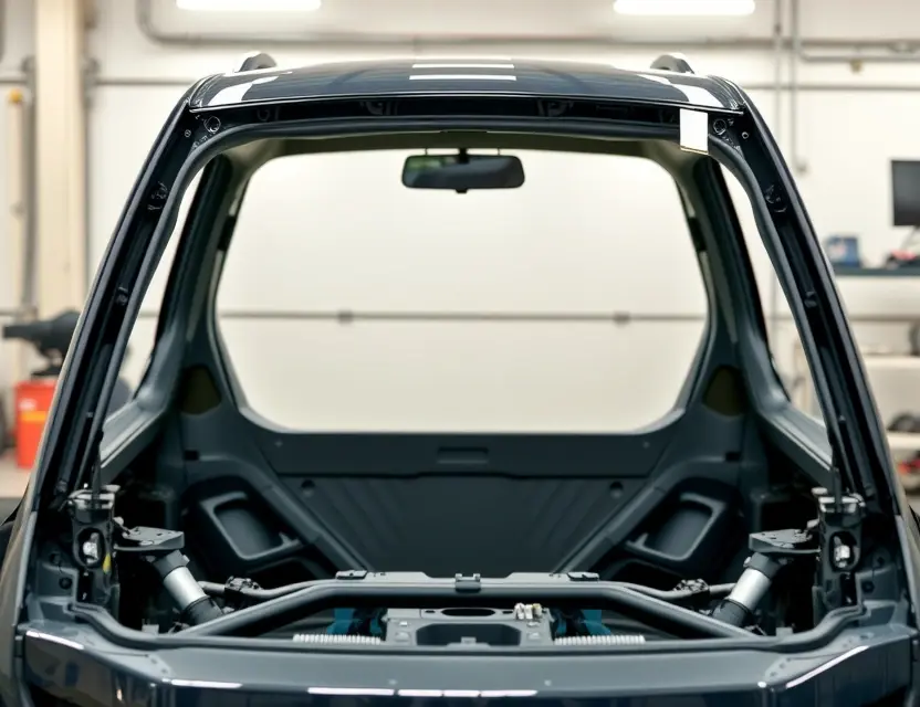 A high-quality, realistic photograph of a Chery Tiggo 3 car with its front windshield removed, exposing the empty frame and the vehicle's A-pillars, set against a clean, neutral automotive workshop background with soft lighting to highlight the car's body lines and the gap where the glass should be