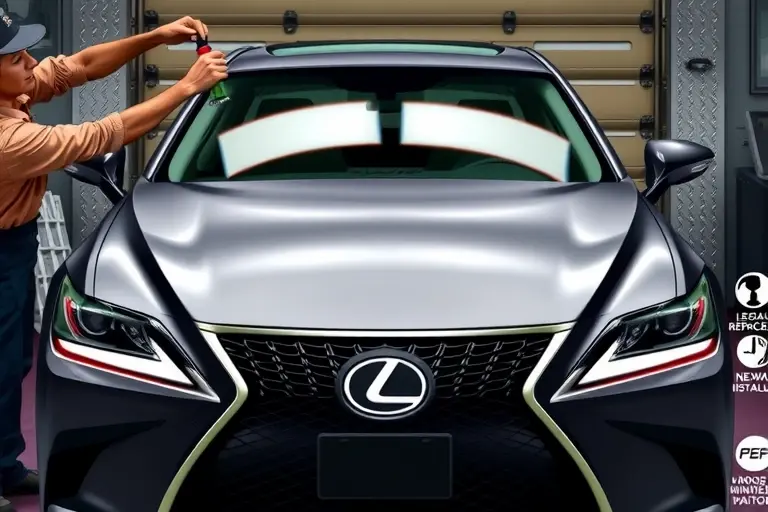 A detailed, realistic depiction of a mechanic replacing the windshield on a 2017 Lexus LS 3.5 V6 Turbo. The image should show the car’s front profile with the old windshield being removed and the new windshield being installed. Include tools such as a suction cup, a windshield removal kit, and a clean, well-lit garage environment. Focus on the vehicle and the replacement process, with no visible text, letters, or digits.