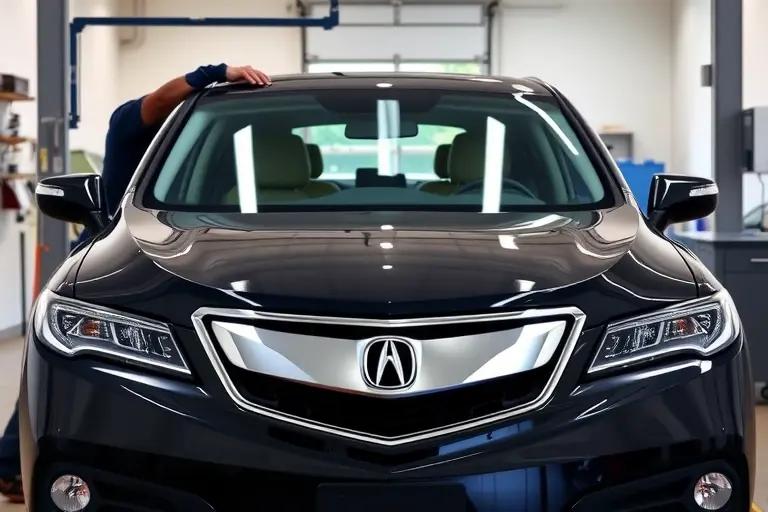 A realistic scene of an Acura RDX (2013-2018 model) in a clean auto repair garage, with a professional mechanic carefully removing the old windshield and installing a new one. The focus is on the car's front area, showing the windshield frame, tools, and the new glass being positioned, with bright natural lighting highlighting the vehicle's sleek design.