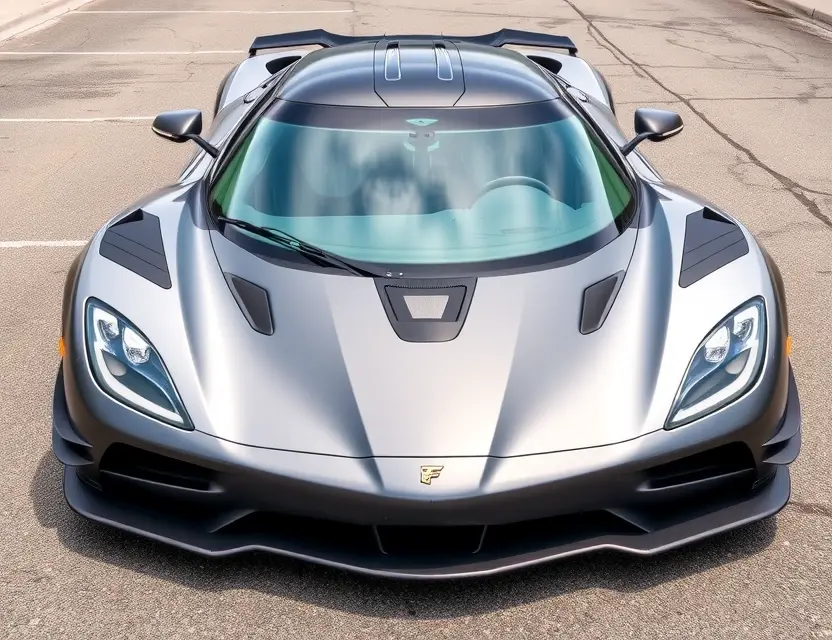 A Koenigsegg Jesko with a replaced windshield, showcasing the new glass. The car is parked on a clean, bright asphalt surface. Focus on the detail of the replacement windshield and the car's sleek design.