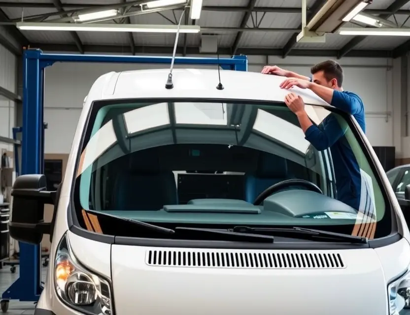Замена лобового стекла Citroën Jumpy A Citroën Jumpy with a new windshield being installed by a professional mechanic in a well-lit auto repair shop, showing the removal of the old windshield and precise placement of the new one, no people in the foreground, clean and technical focus