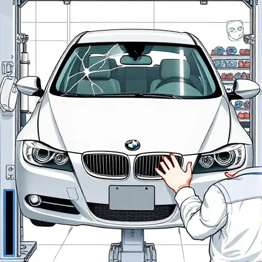 A detailed, realistic illustration of a mechanic replacing the windshield of a BMW 3 Series E90 (2005-2008) in a garage. The scene shows the car lowered on a lift, the old cracked windshield removed, a new clear glass panel being fitted, with tools such as a suction cup, a glass cutter, and a sealant dispenser. The background includes a workbench with automotive parts, a safety mask, and a clear view of the car's front. The focus is on the precision of the replacement process, with emphasis on the car's front fascia, the new glass, and the mechanic's hands. No text, logos, or identifying marks.