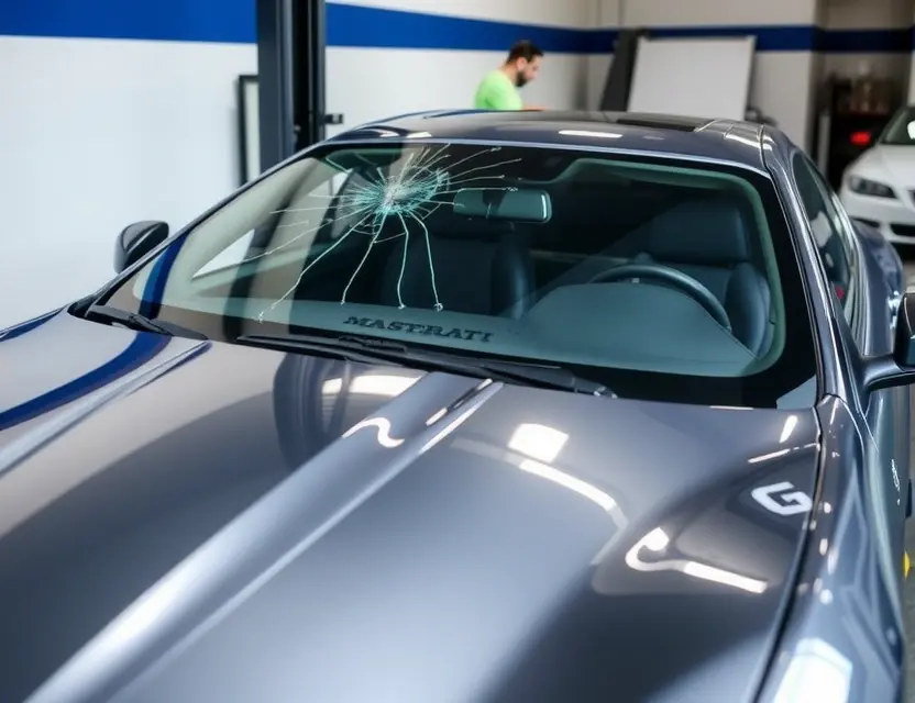 A Maserati with a cracked windshield being replaced by a technician. The car is parked on a professional auto repair shop lift. Focus on the replacement process, showing the new windshield being installed.
