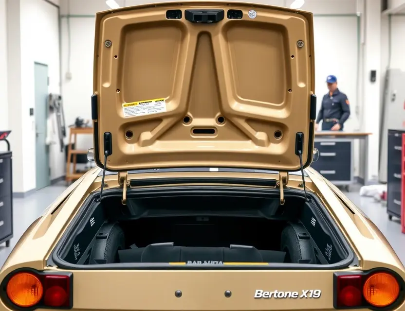 Замена лобового стекла Bertone X1/9 A high-quality automotive photography shot of a classic Bertone X1/9 sports car with its rear engine cover open, showcasing the windshield replacement process. The image features a clean, modern workshop environment with professional lighting, highlighting the sleek lines of the car's mid-engine design and the pristine condition of the new windshield being installed. No text, logos, or watermarks are visible.