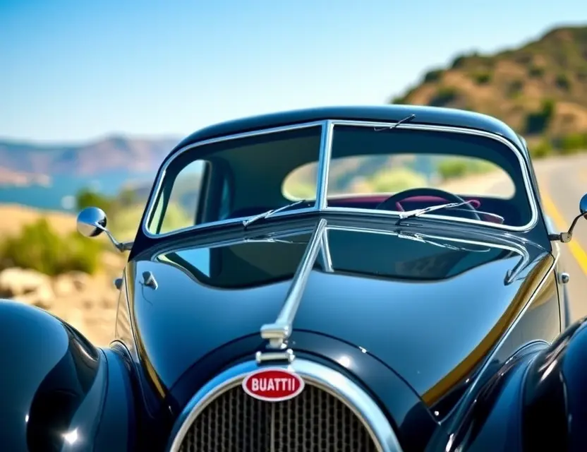 A Bugatti Type 57 with a replaced windshield, showcasing the new glass. The car is parked on a scenic road, with a clear blue sky and mountains in the background. Focus on the clarity and quality of the replacement windshield.