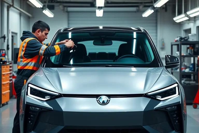 A professional auto repair shop scene showing a 2020-2022 Aion LX (408 hp) with its front windshield being carefully removed and a new windshield being installed. The car is positioned centrally, with a technician in safety gear using suction cups and tools to handle the glass. The background features a clean garage environment with equipment and lighting, emphasizing the precision of the windshield replacement process.