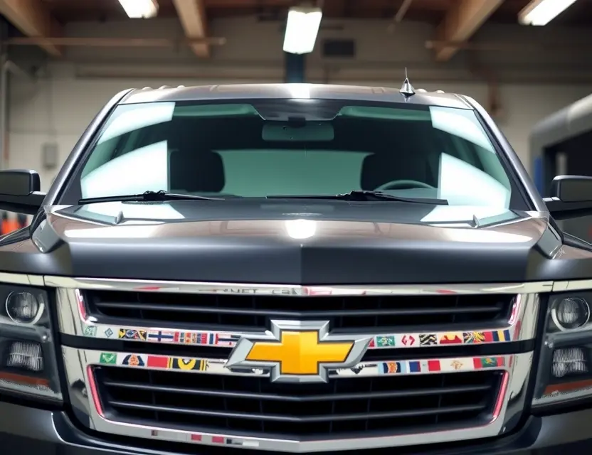 A Chevrolet Suburban with a newly replaced front windshield, showing a clean, undamaged glass surface, viewed from the front at a slight angle, in a well-lit garage or auto shop setting, no people, no tools, no text, no logos