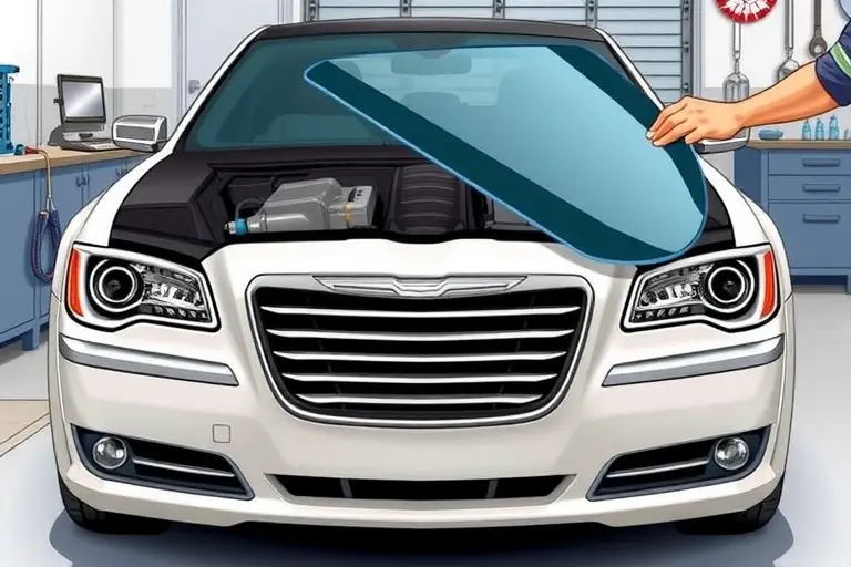 A detailed illustration of a 2011-2012 Chrysler 300 with a 5.7 V8 HEMI 363 hp engine, showing the front of the car with the old windshield removed and a new windshield being installed. The scene includes a mechanic's hands holding the new windshield, a set of automotive tools, and a workbench. The focus is on the windshield replacement process, with clear visibility of the car's front fascia, the windshield frame, and the installation tools. The background is a clean garage setting with subtle lighting to highlight the car and the replacement work.