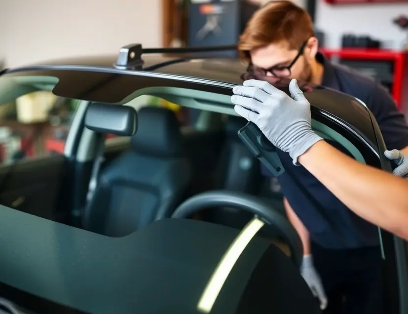 Предлагаем услугу по замене лобового стекла Dodge Avenger A close-up shot of a Dodge Avenger windshield being replaced by a mechanic. The mechanic is wearing gloves and safety glasses, and the windshield is being held in place by suction cups. The background is a garage with tools and equipment.