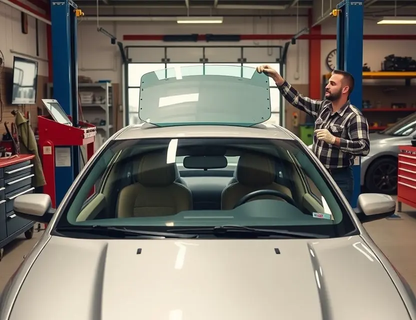 A detailed scene of a professional auto repair shop where a skilled mechanic is in the process of replacing the windshield of a Mitsubishi Eagle Talon. The car is positioned in a well-lit bay with all necessary tools and equipment neatly arranged around. The mechanic is wearing safety gear and is carefully handling the new windshield glass. The shop is clean and organized, with other vehicles visible in the background.