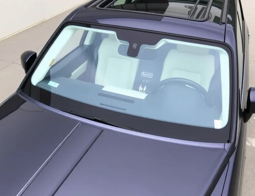 A Rolls-Royce Cullinan with a replaced windshield, showcasing the new glass. The car is parked on a clean, modern surface. Focus on the clarity and quality of the replacement windshield.