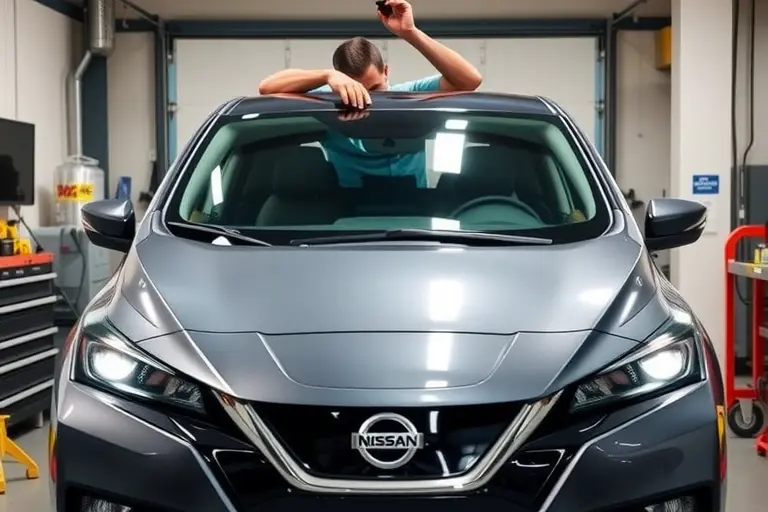 A mechanic in a garage replacing the windshield of a 2018 Nissan Leaf electric car, showing the car's front, the new windshield being fitted, tools on the workbench, and a clean, well-lit environment