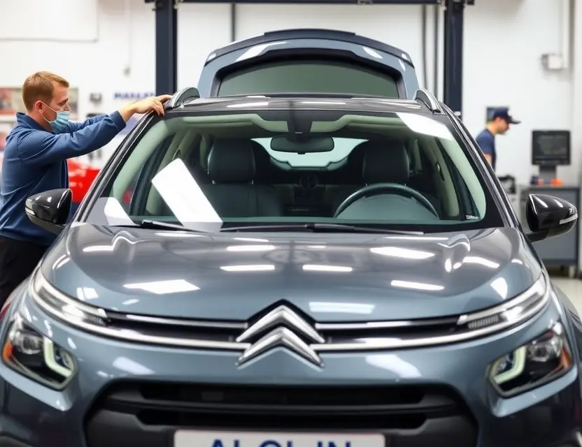 A Citroën ë-C4 with a new windshield being installed by a professional technician in a modern auto repair shop, clean and well-lit environment, focus on the windshield replacement process, no text or labels