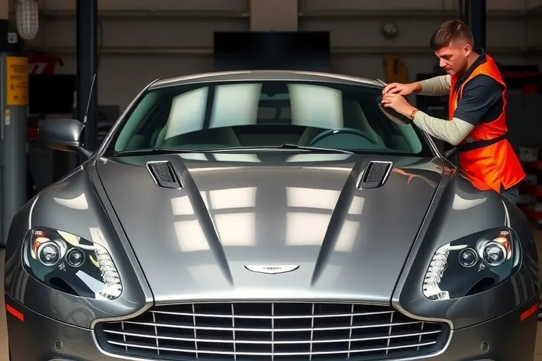 A realistic garage scene showing an Aston Martin V12 Vantage with a professional mechanic carefully removing the old windshield and installing a new one, detailed view of the car's front, natural lighting, focus on the glass replacement process