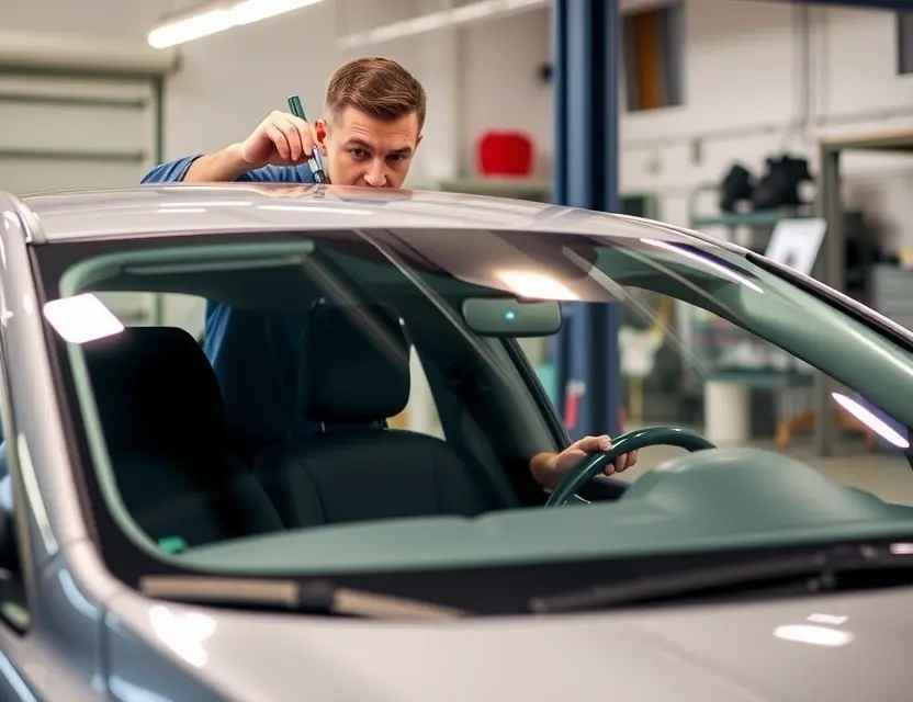 A car windshield replacement service being performed. A technician is working on a car windshield, with a clear windshield being installed. The car is a modern sedan, and the background is a garage or workshop setting. Focus on the replacement process and the technician's tools.