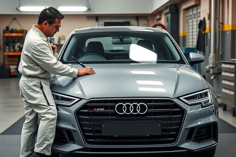 A detailed, realistic scene of an Audi A3 (2016-2020 model) parked in a professional auto workshop. The front windshield is being removed by a skilled mechanic wearing a clean uniform and safety glasses, using appropriate tools like suction cups and a windshield removal tool. The new windshield is positioned nearby on a clean workbench. The workshop background includes organized equipment, a service lift, and subtle lighting that highlights the car and the replacement process, with no visible logos or text.
