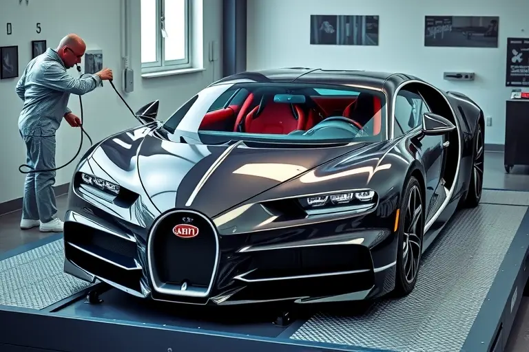 A high‑detail, realistic scene of a Bugatti Bolide with its front windshield being replaced. The car is positioned on a professional automotive service platform, with a skilled mechanic in clean workwear using specialized tools to remove the old glass and install a new, pristine windshield. Emphasize the sleek lines of the car, the glossy finish of the new glass, and the precise, technical atmosphere of a high‑end automotive workshop. No text, logos, or branding should appear on the image.