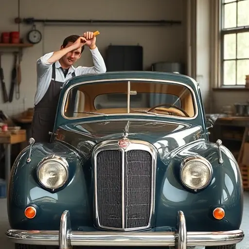 A classic 1948-1954 Wolseley 6/80 automobile parked in a vintage garage, with a mechanic in period-appropriate overalls carefully removing the old windshield and holding a new, clear glass windshield ready for installation. The scene includes period tools such as a rubber mallet, suction cups, and a wooden workbench, with soft natural lighting highlighting the car's polished chrome and the texture of the glass. The focus is on the windshield replacement process, showing the car's distinctive front grille and rounded headlights, all rendered in a detailed, high-quality smallHQ style.