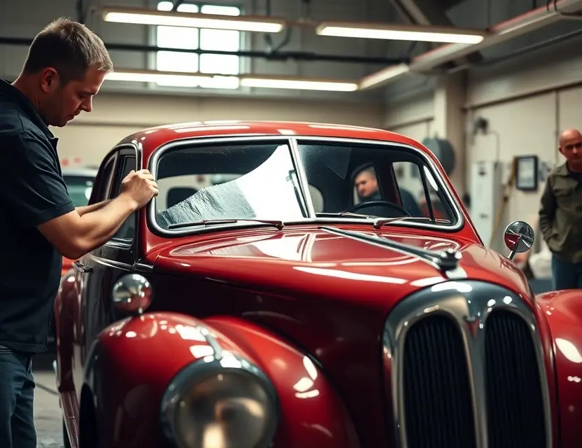 A classic Alvis 12/50 car with a damaged front windshield being carefully replaced by a skilled mechanic in a well-lit garage, showing attention to detail and professional tools, vintage car aesthetic, no text, no logos, no people's faces visible